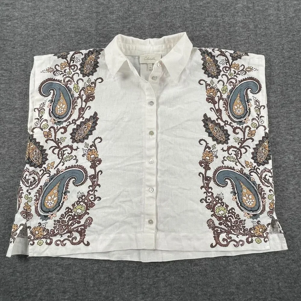 Cleobella XS White Paisley Coastal Linen Blend Lagenlook Cropped Boho Blouse - Picture 5 of 13